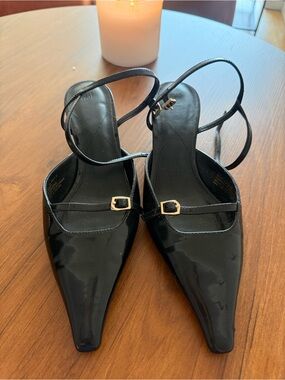 H&M Black Patent Pointed Slingback Heels with Buckle